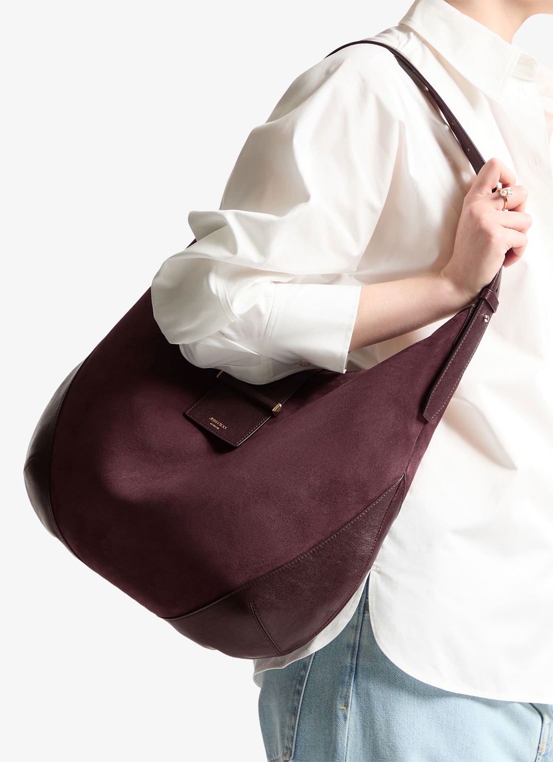 Jimmy Choo Bar Hobo/M schoudertas van suède - voorkant 7 bordeauxrood