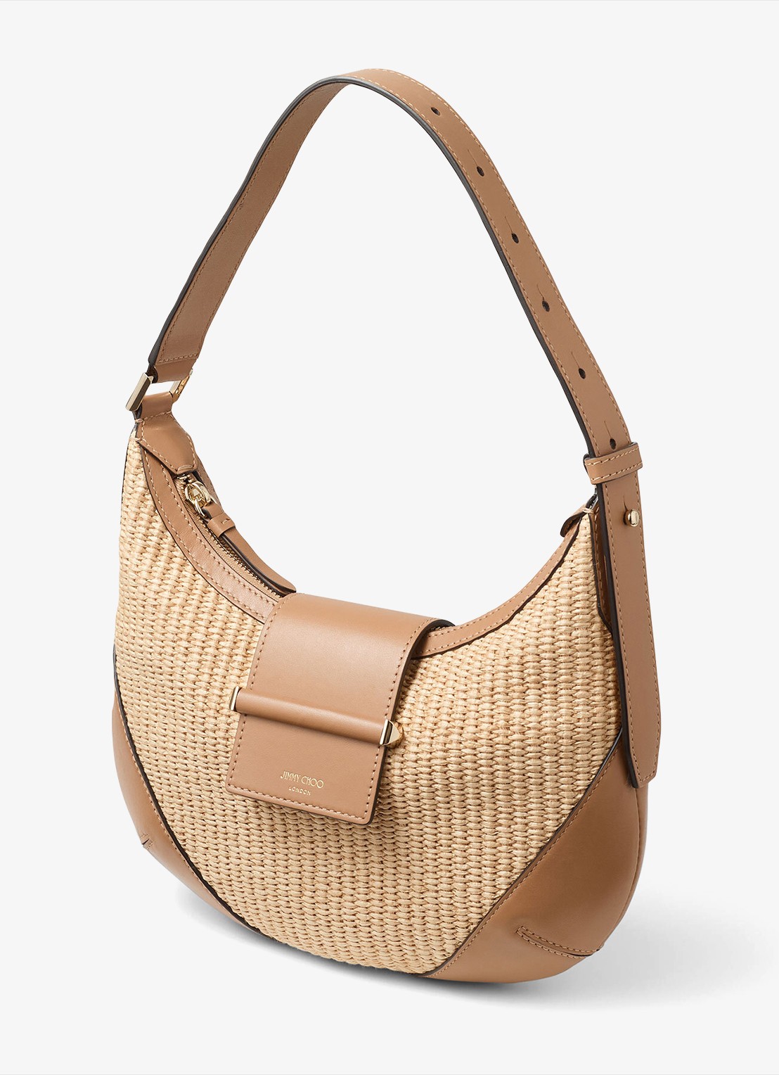 Jimmy Choo Bar Hobo/S schoudertas van raffia met kalfsleren details - detail beige