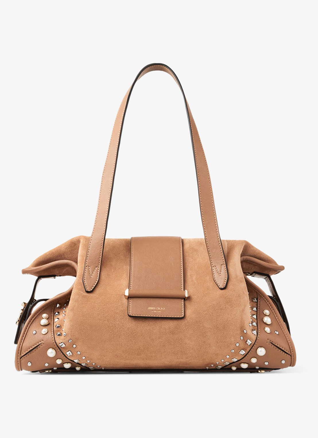 Jimmy Choo Bar Holdall Medium schoudertas van suède met studs - voorkant 4 bruin