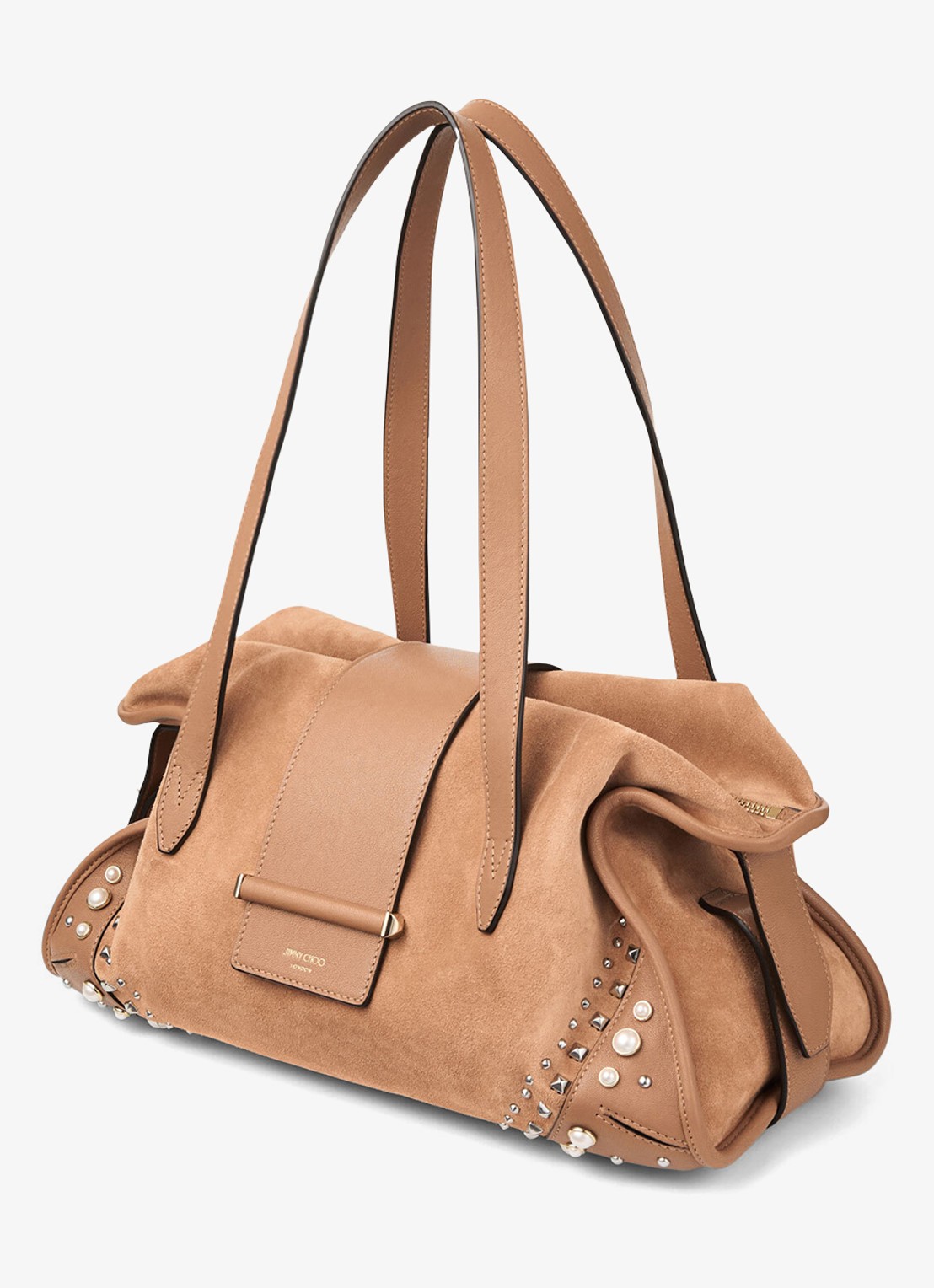 Jimmy Choo Bar Holdall Medium schoudertas van suède met studs - voorkant 5 bruin