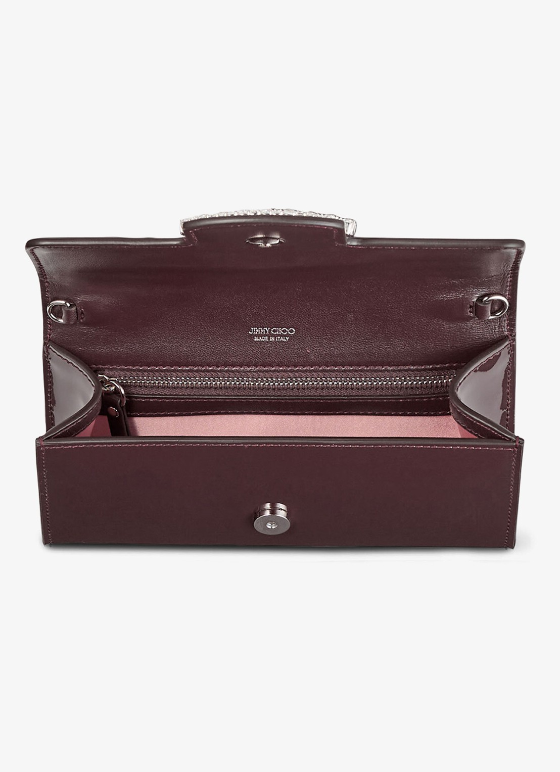 Jimmy Choo Bing clutch van lakleer met afneembare schouderriem - detail 2 deep merlot