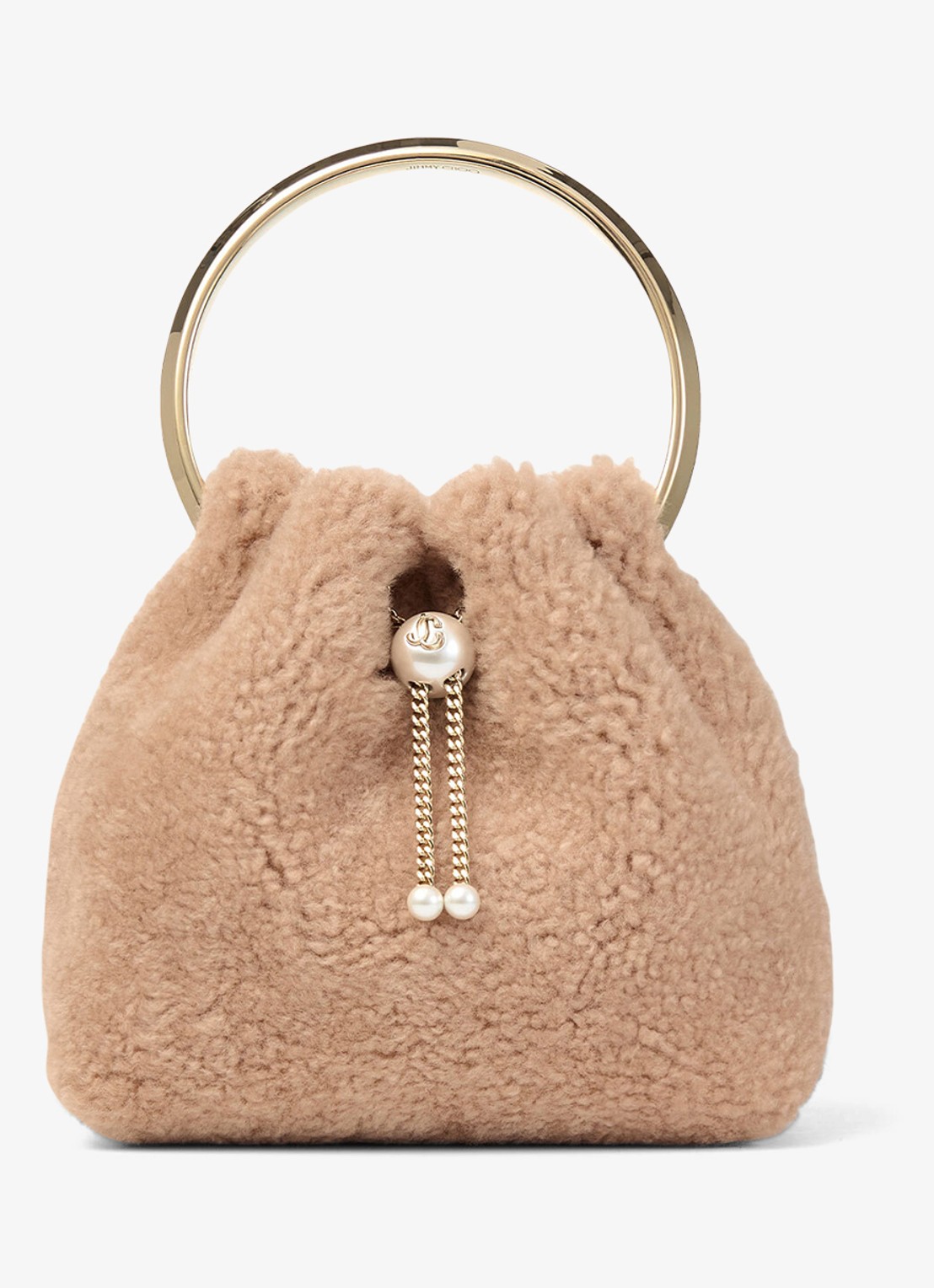 Jimmy Choo Bon Bon handtas van lamsvacht - voorkant lichtbruin