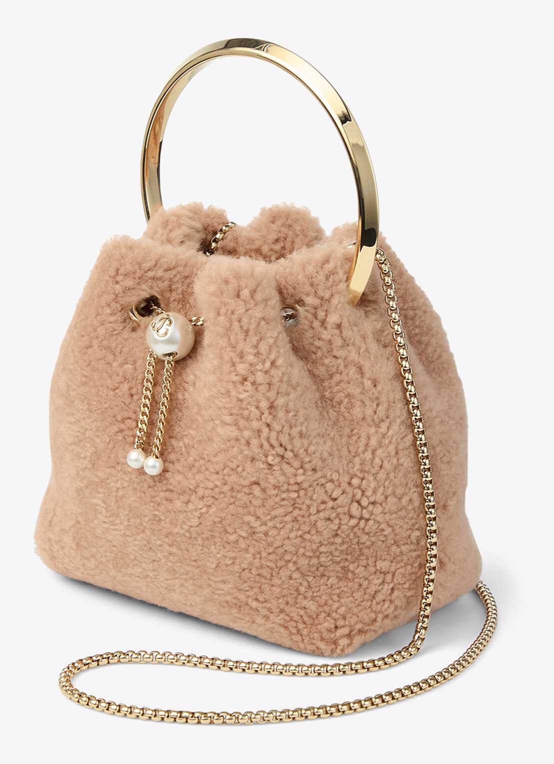 Jimmy Choo Bon Bon handtas van lamsvacht - voorkant 2 lichtbruin