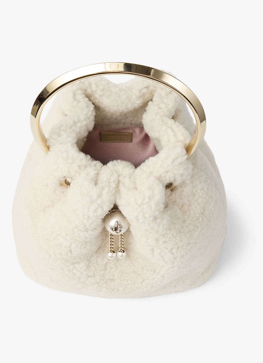 Jimmy Choo Bon Bon handtas van lamsvacht - detail gebroken wit
