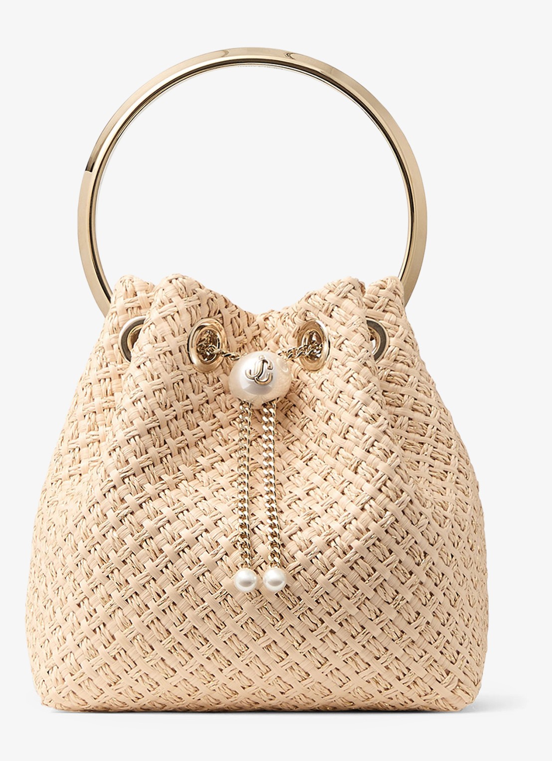 Jimmy Choo Bon Bon handtas van raffia - voorkant beige