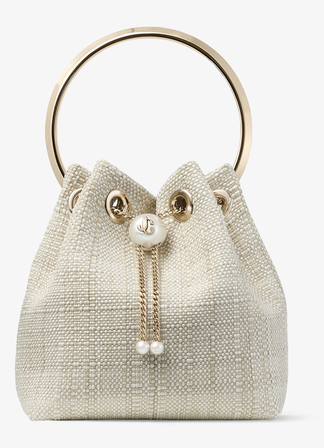 Jimmy Choo Bon Bon handtas van raffia - voorkant beige