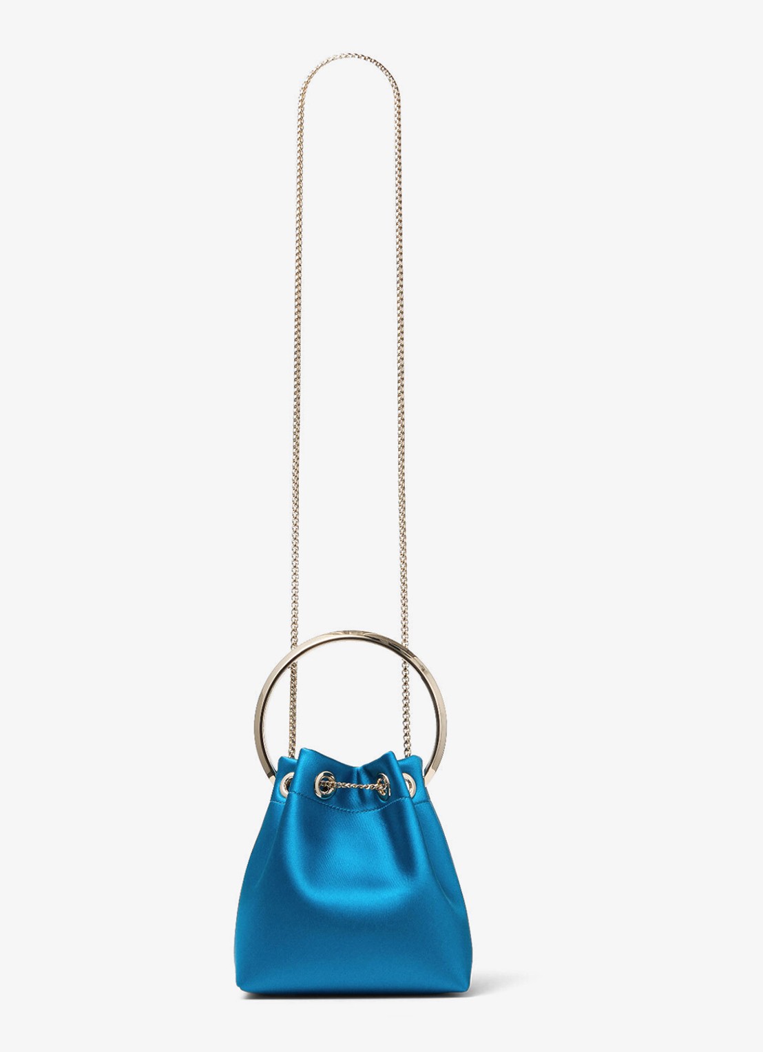 Jimmy Choo Bon Bon handtas van satijn - achterkant 7 lagoon / blauw