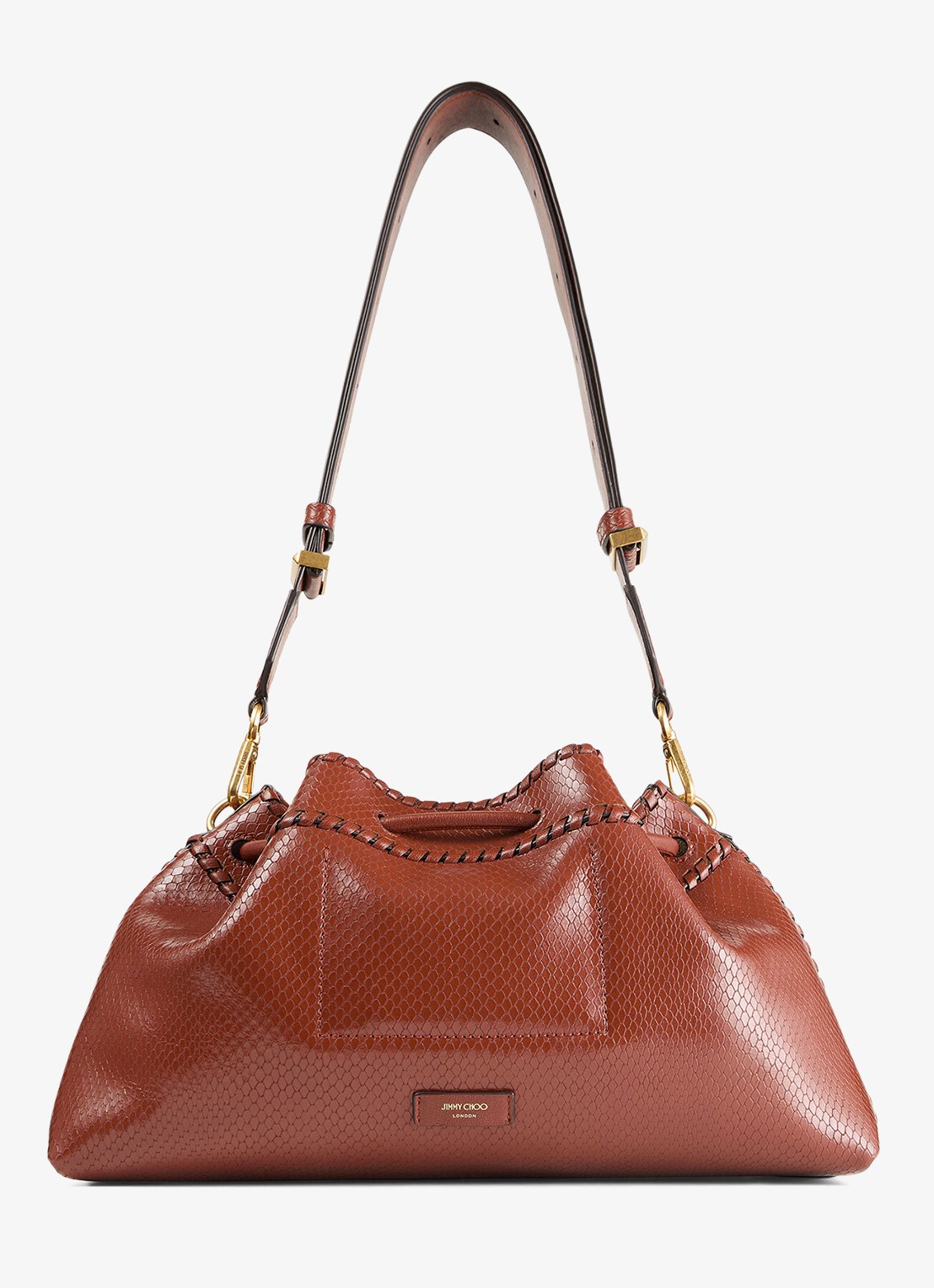 Jimmy Choo Cinch M schoudertas van leer met slangenstructuur - achterkant 5 cognac
