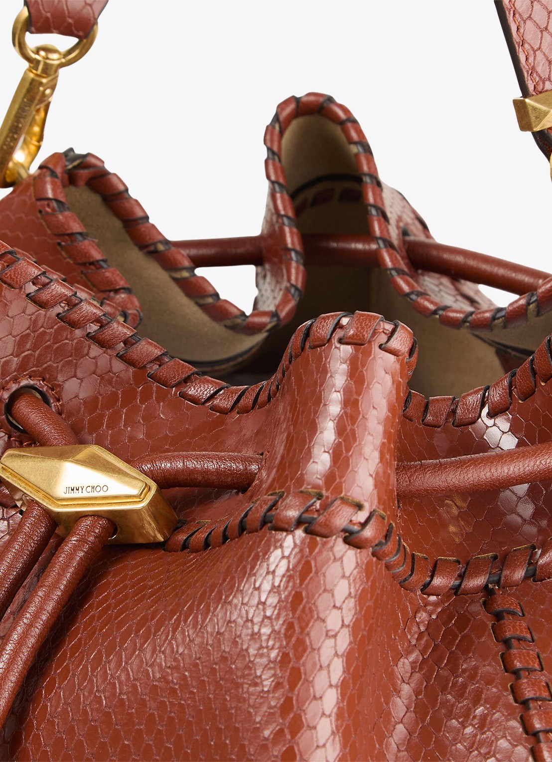 Jimmy Choo Cinch M schoudertas van leer met slangenstructuur - detail 4 cognac