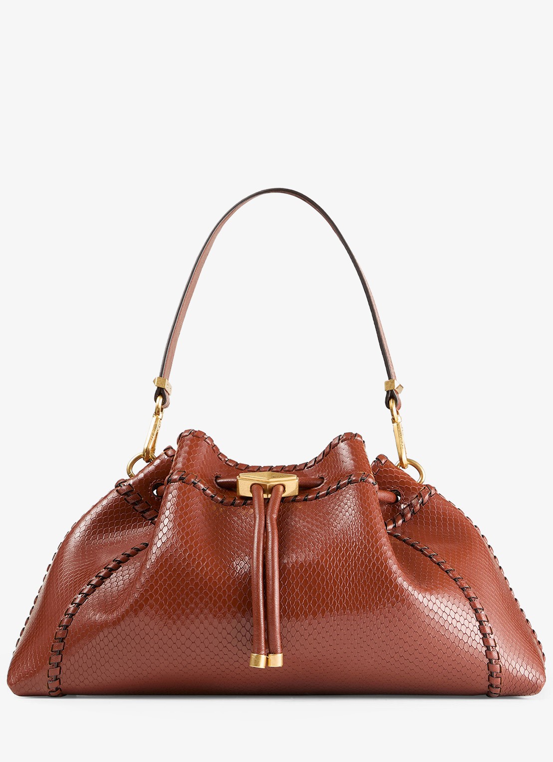 Jimmy Choo Cinch M schoudertas van leer met slangenstructuur - voorkant cognac