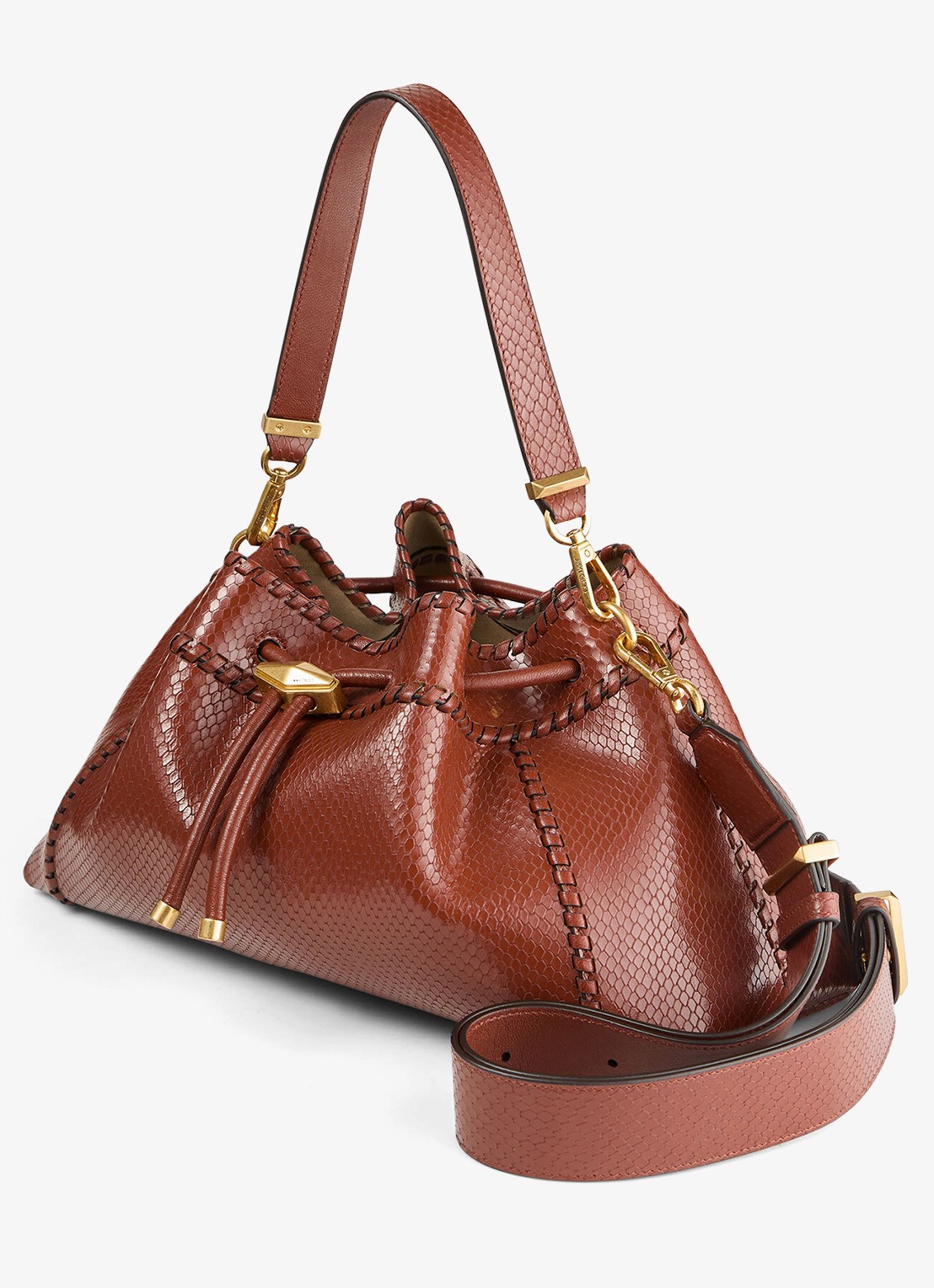 Jimmy Choo Cinch M schoudertas van leer met slangenstructuur - voorkant 2 cognac