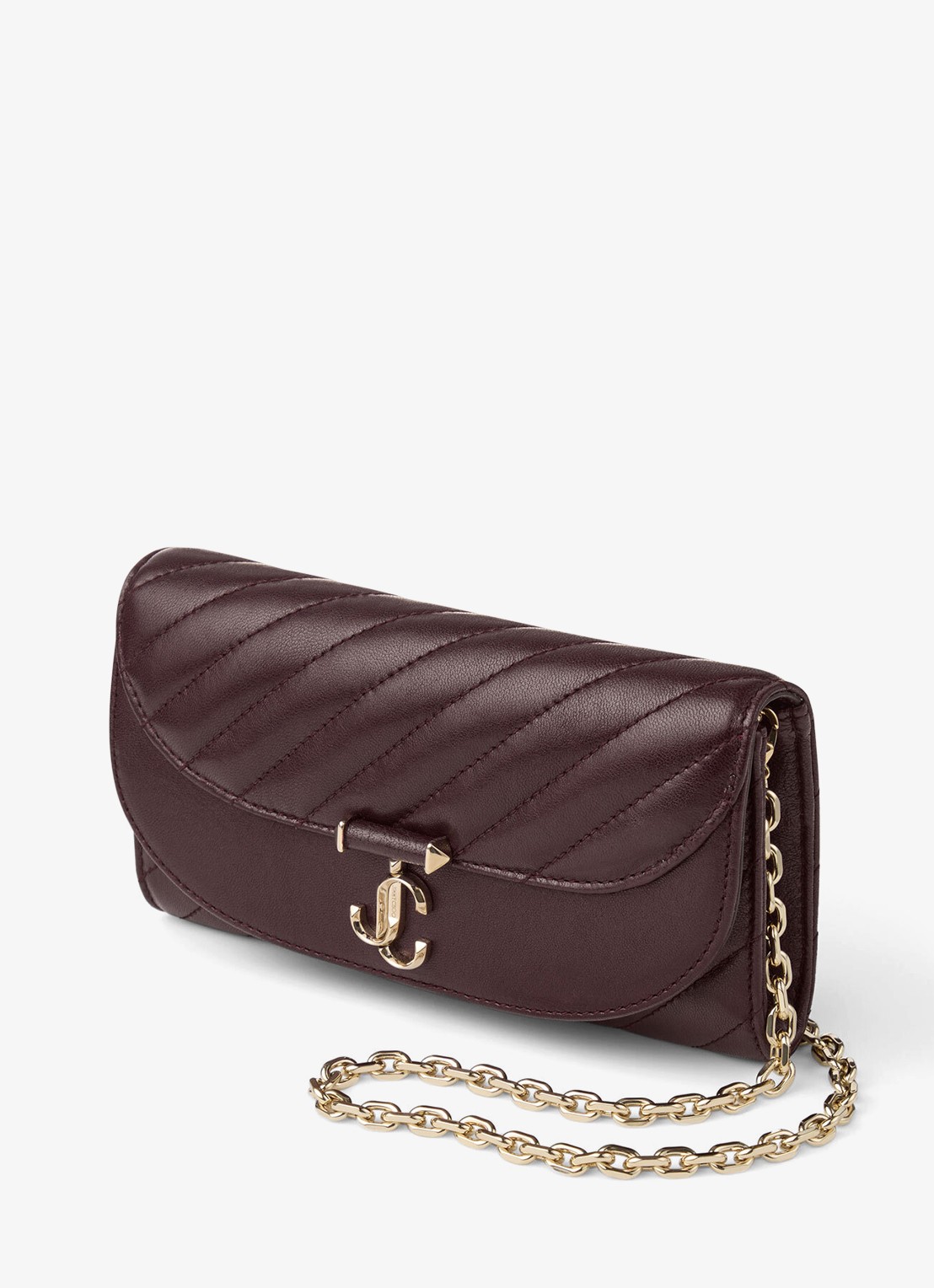 Jimmy Choo Curve clutch van lamsleer met afneembare schouderriem - voorkant 3 deep merlot