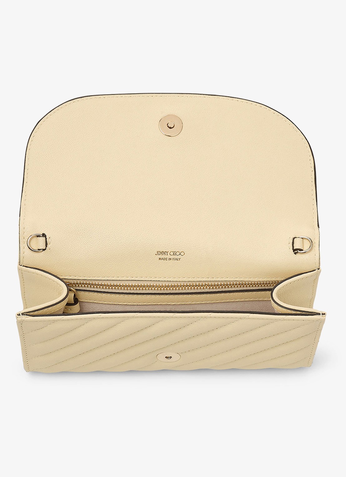 Jimmy Choo Curve clutch van lamsleer met afneembare schouderriem - detail creme