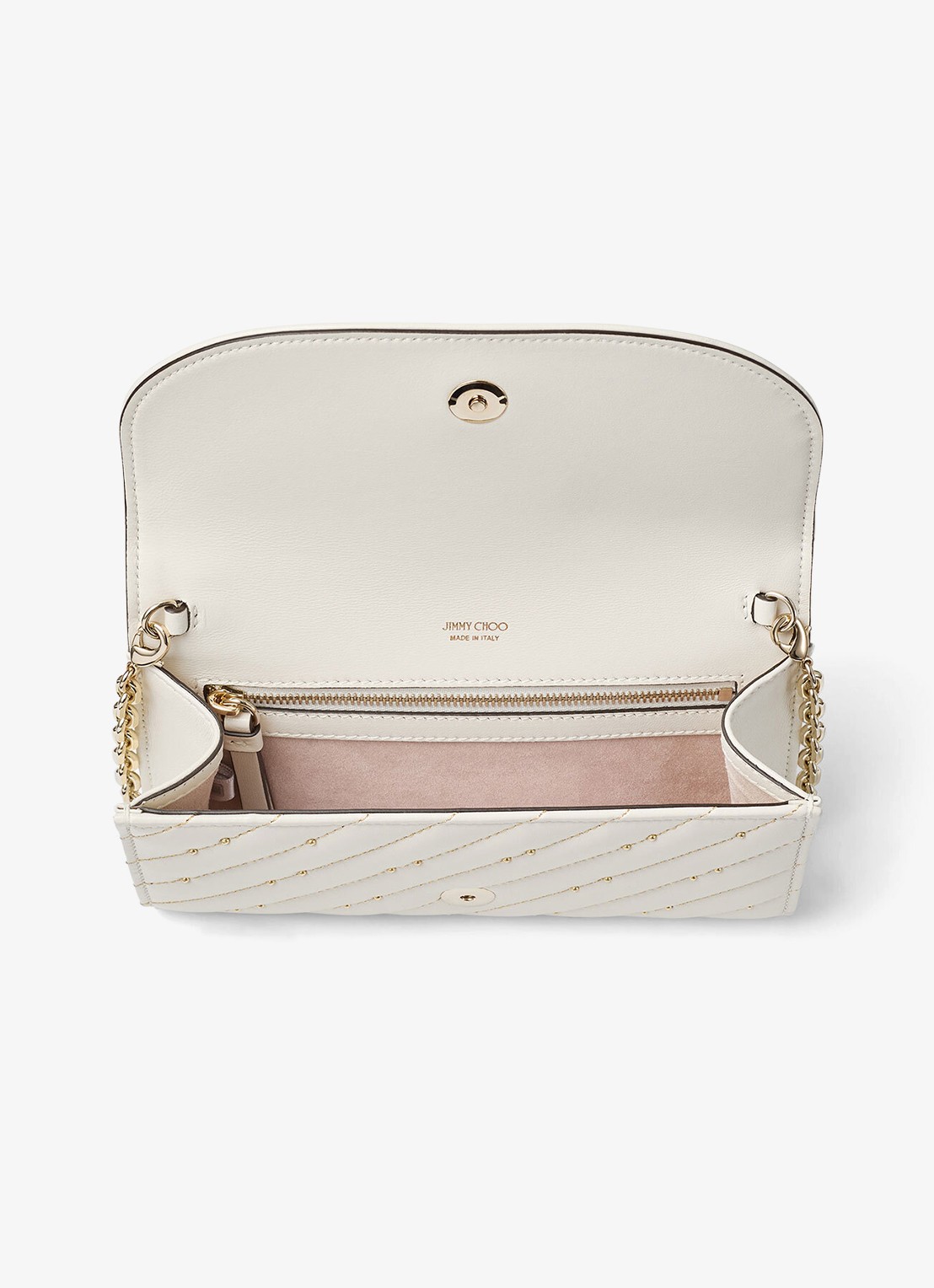 Jimmy Choo Curve clutch van lamsleer met afneembare schouderriem - detail 5 gebroken wit