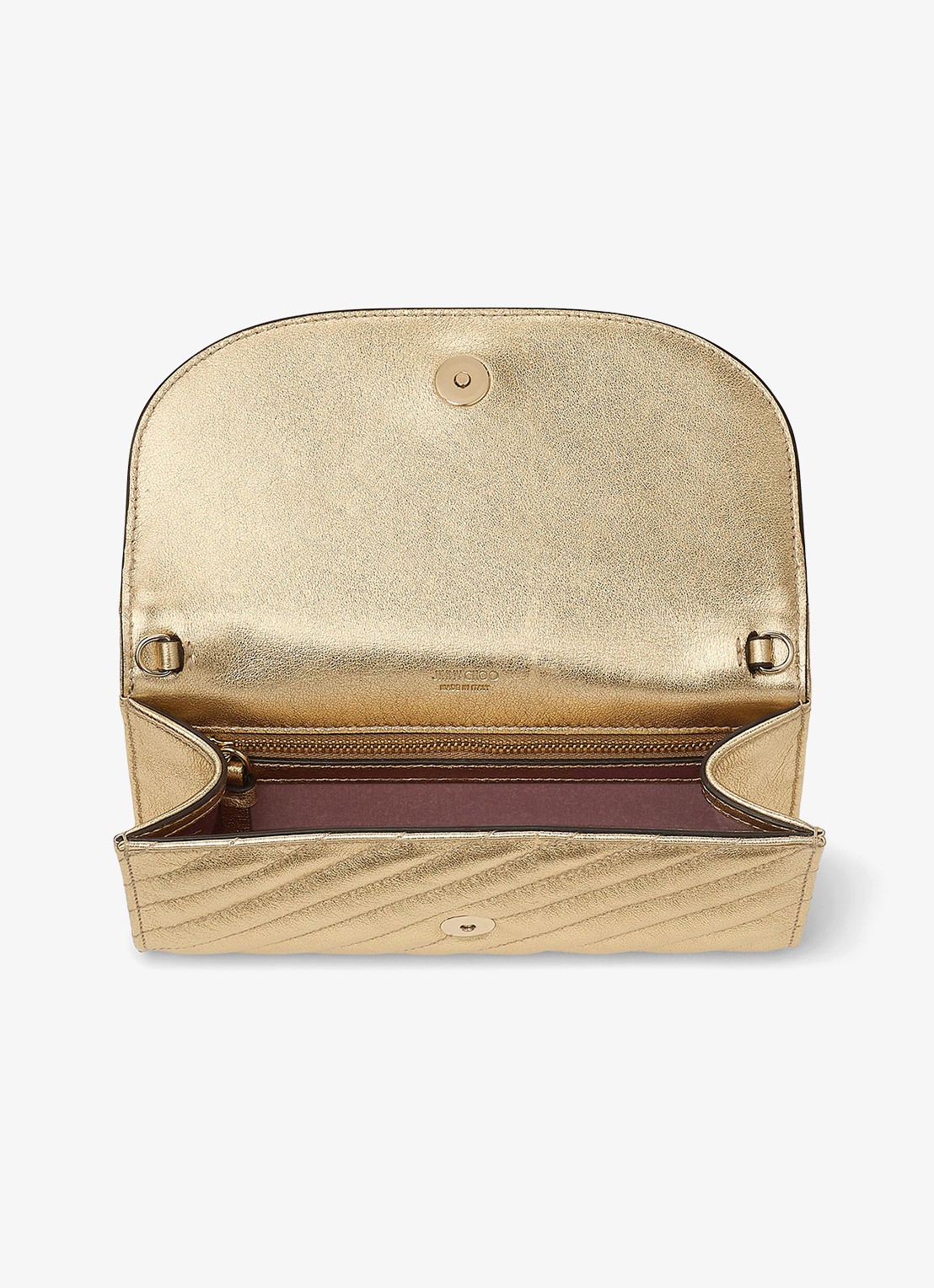 Jimmy Choo Curve clutch van lamsleer met metallic finish en afneembare schouderriem - detail 3 goud