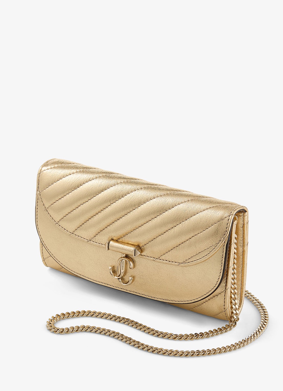 Jimmy Choo Curve clutch van lamsleer met metallic finish en afneembare schouderriem - voorkant 2 goud