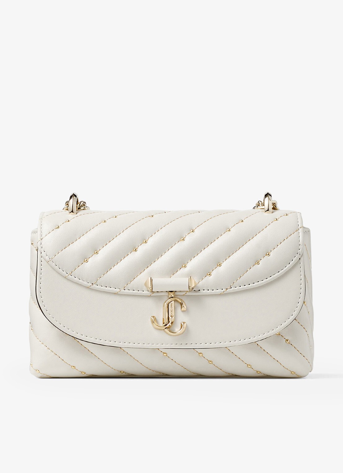 Jimmy Choo Curve S crossbodytas van lamsleer met studs - voorkant gebroken wit