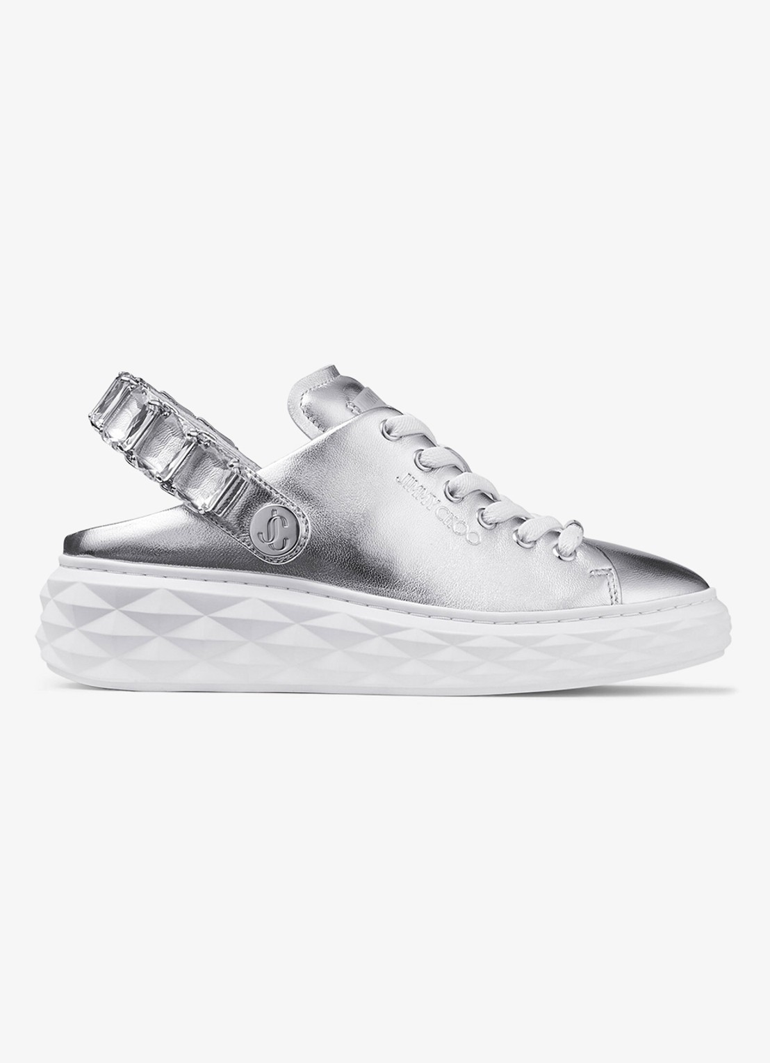 Jimmy Choo Diamond Maxi/Crystal sneaker van schapenleer met metallic finish - voorkant zilver