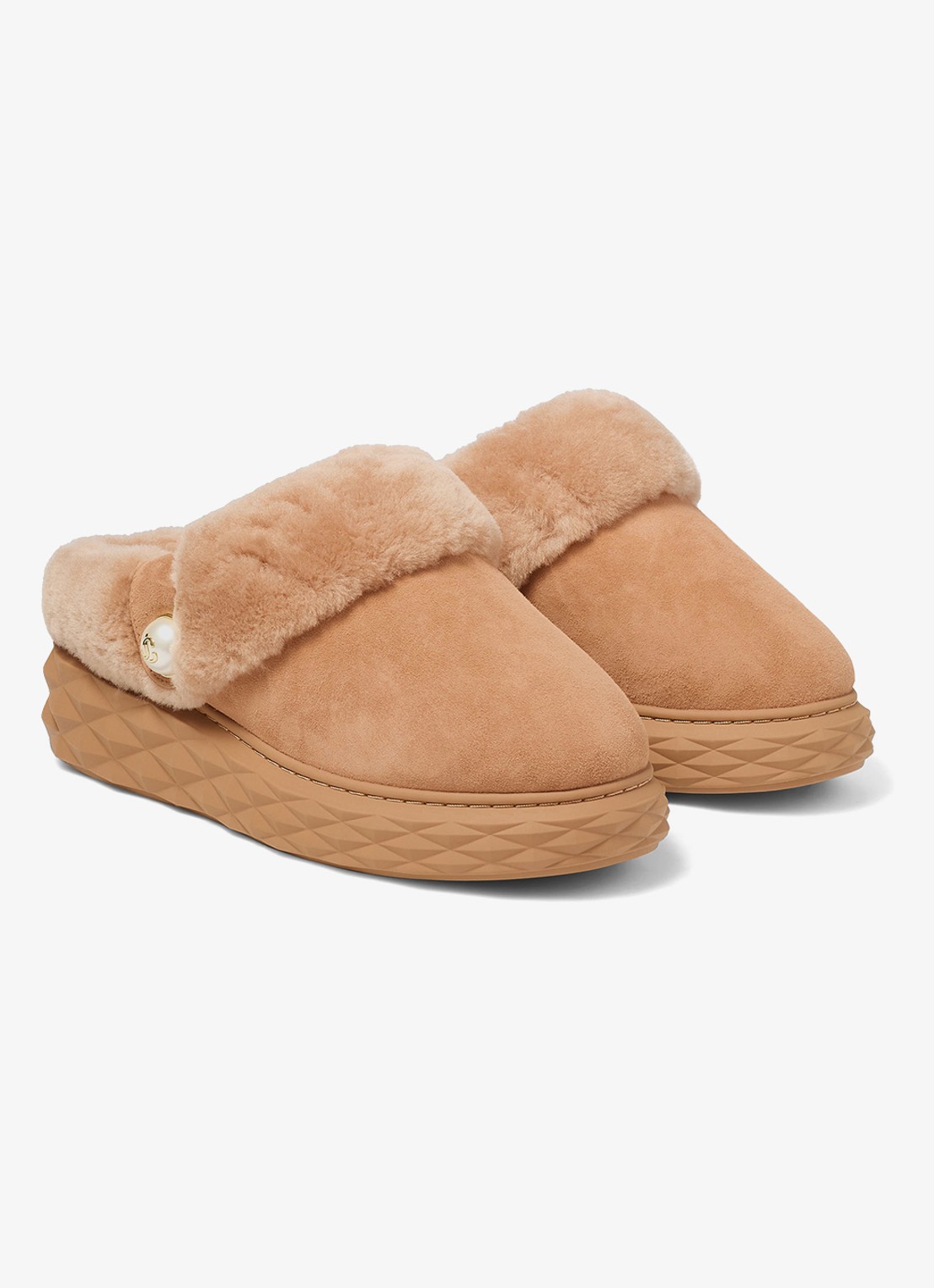 Jimmy Choo Diamond Maxi Mule/F instapper van lamssuède - voorkant 5 lichtbruin