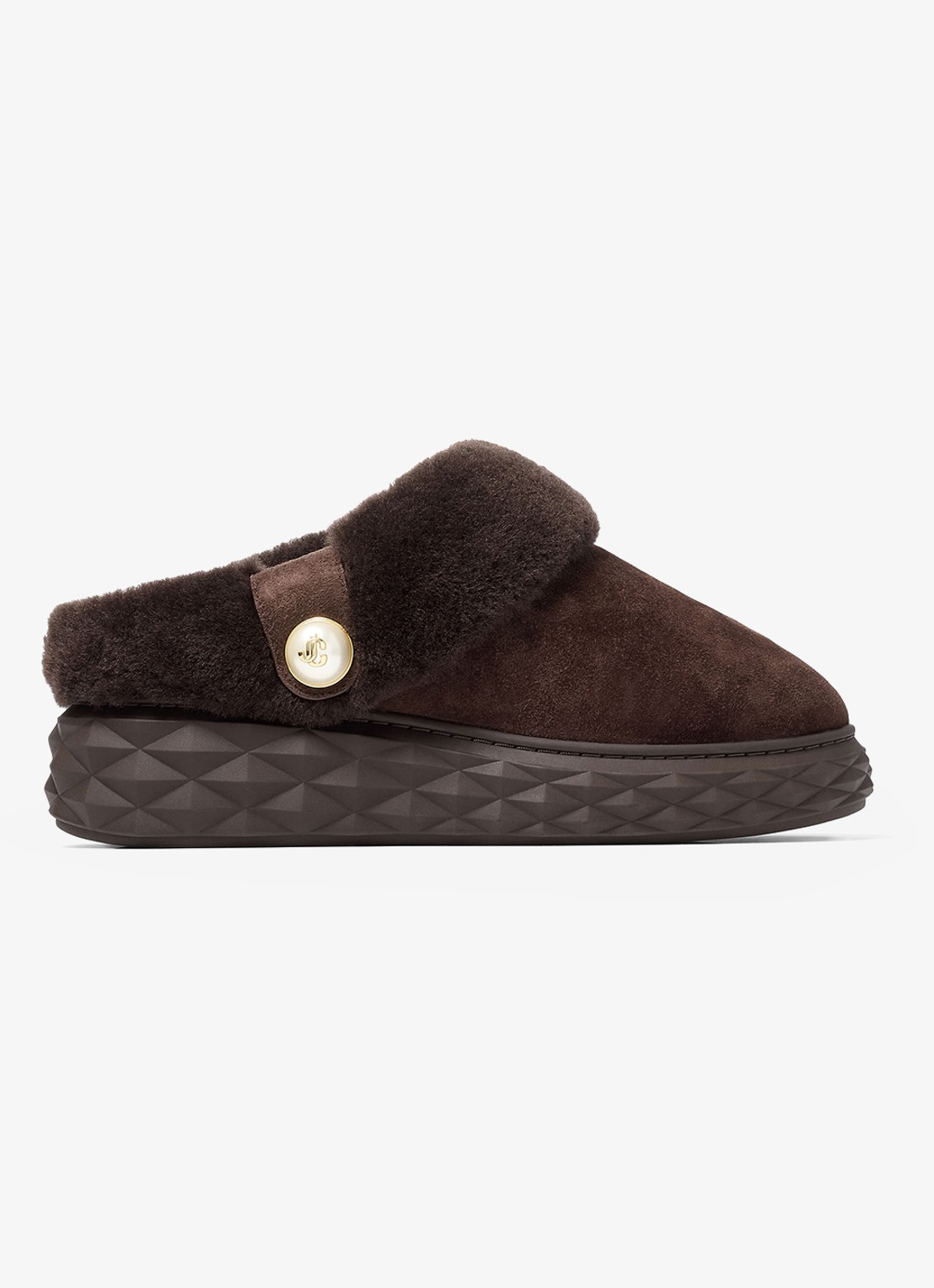 Jimmy Choo Diamond Maxi Mule/F instapper van lamssuède - voorkant donkerbruin
