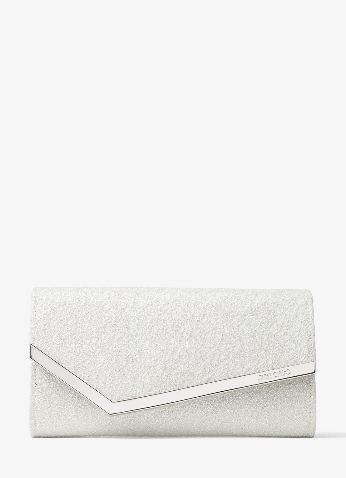 Jimmy Choo Emmie clutch met glitter en afneembare schouderriem - voorkant zilver