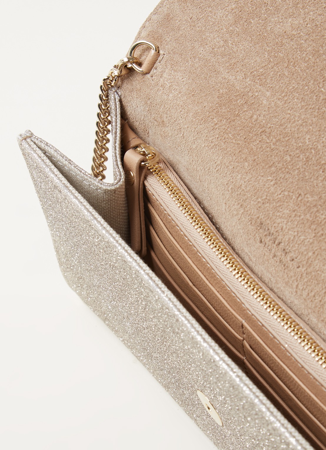 Jimmy Choo Emmie clutch met glitter - detail goud