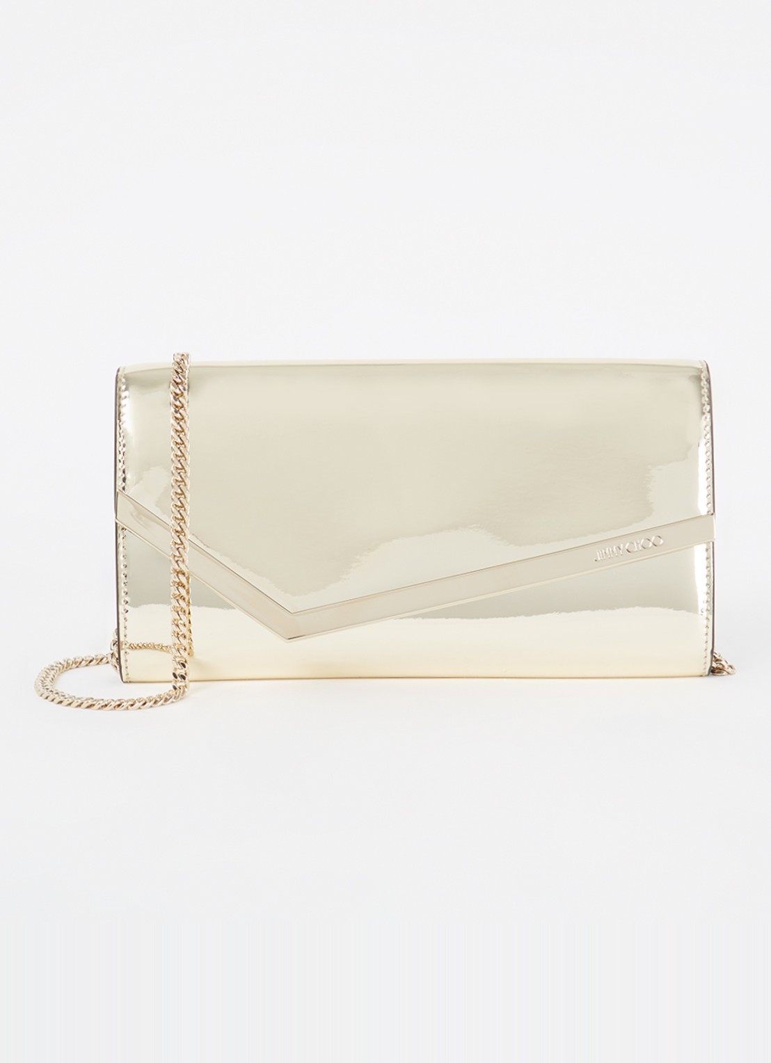 Jimmy Choo Emmie clutch met metallic finish en afneembare schouderriem - voorkant goud