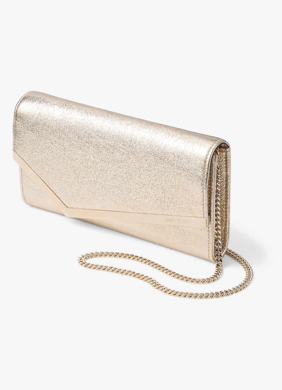Jimmy Choo Emmie clutch van lamsleer met metallic finish en afneembare schouderriem - detail 4 goud