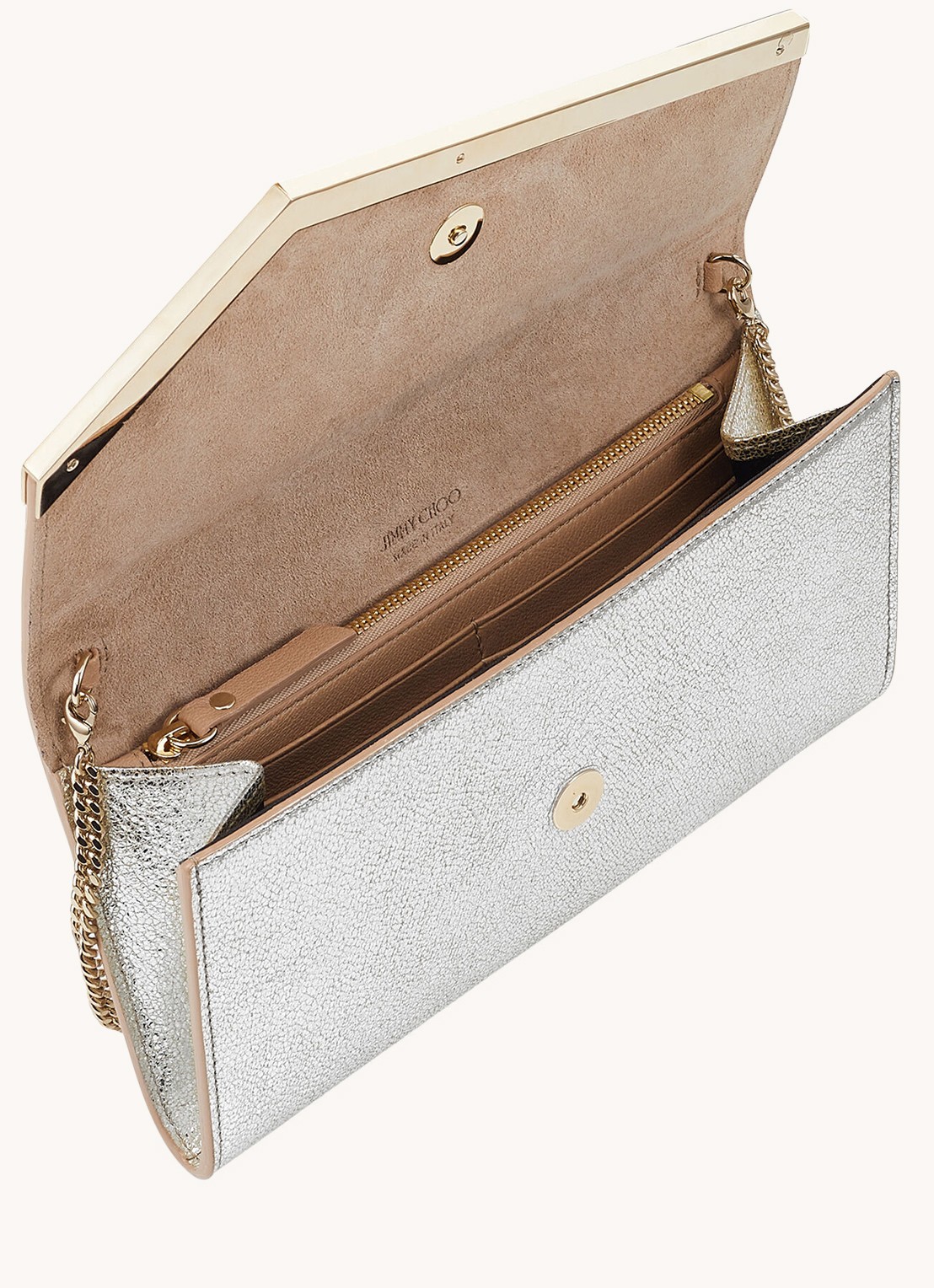Jimmy Choo Emmie clutch van leer met afneembare schouderriem - detail 3 zilver