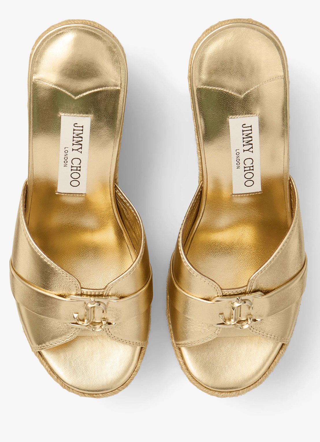 Jimmy Choo Leda Wedge 100 sleehak van lamsleer met metallic finish - detail goud