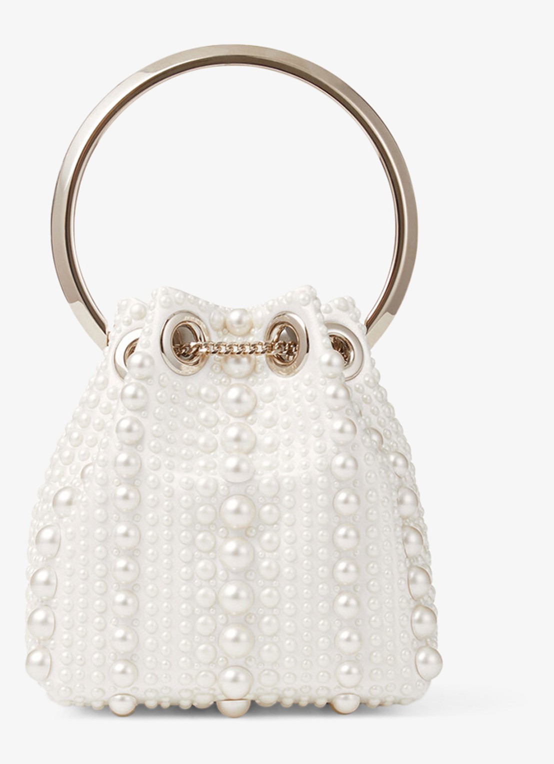 Jimmy Choo Micro Bon Bon handtas van satijn - achterkant gebroken wit