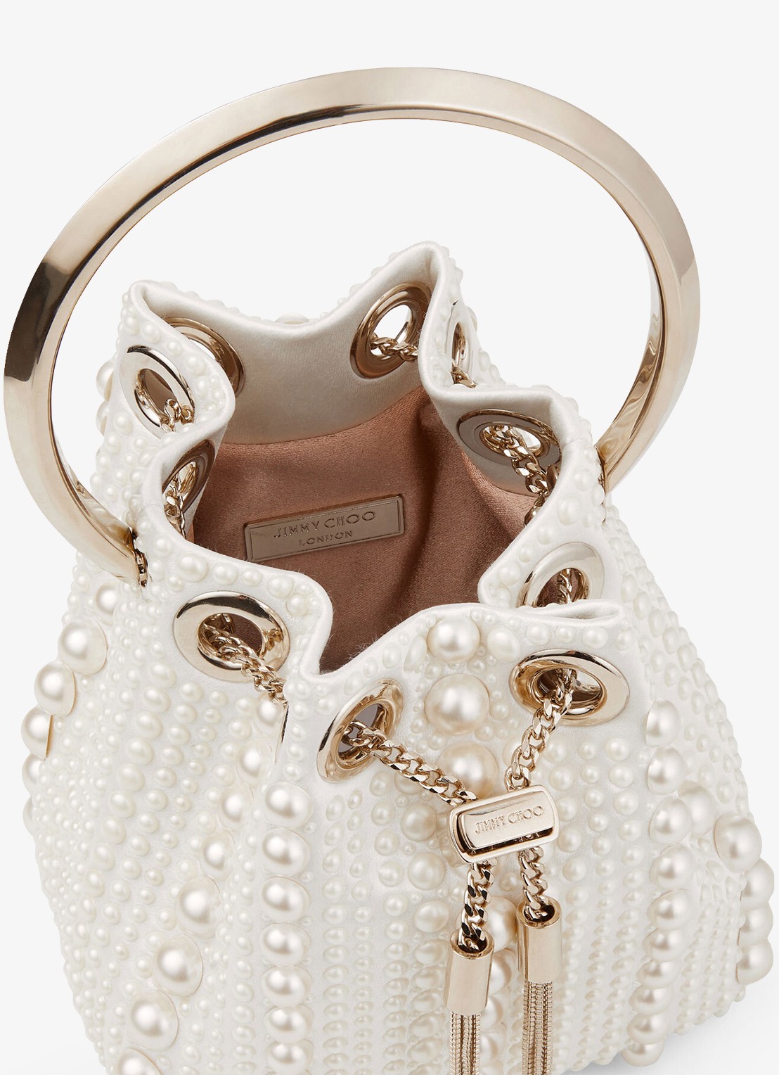 Jimmy Choo Micro Bon Bon handtas van satijn - detail 5 gebroken wit