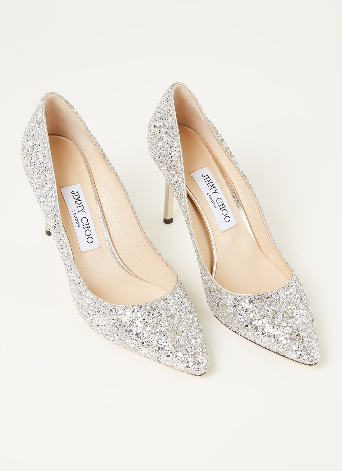 Jimmy Choo Romy 85 pump met glitter - detail zilver