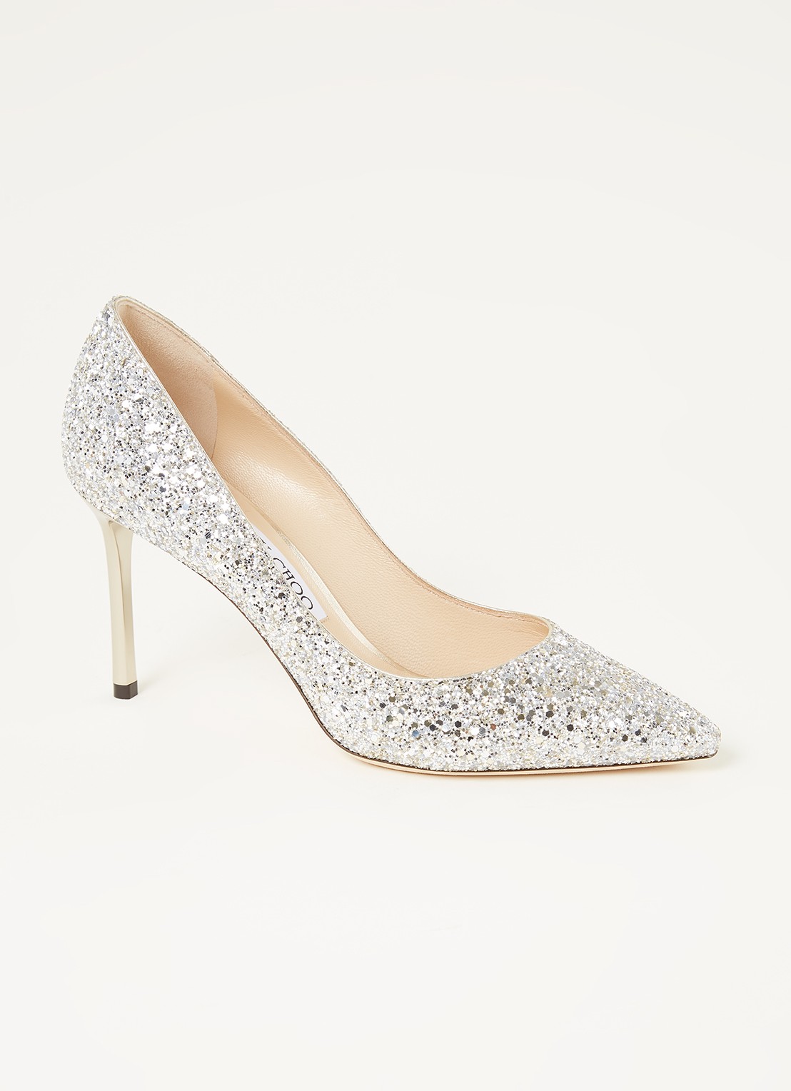 Jimmy Choo Romy 85 pump met glitter - voorkant 4 zilver