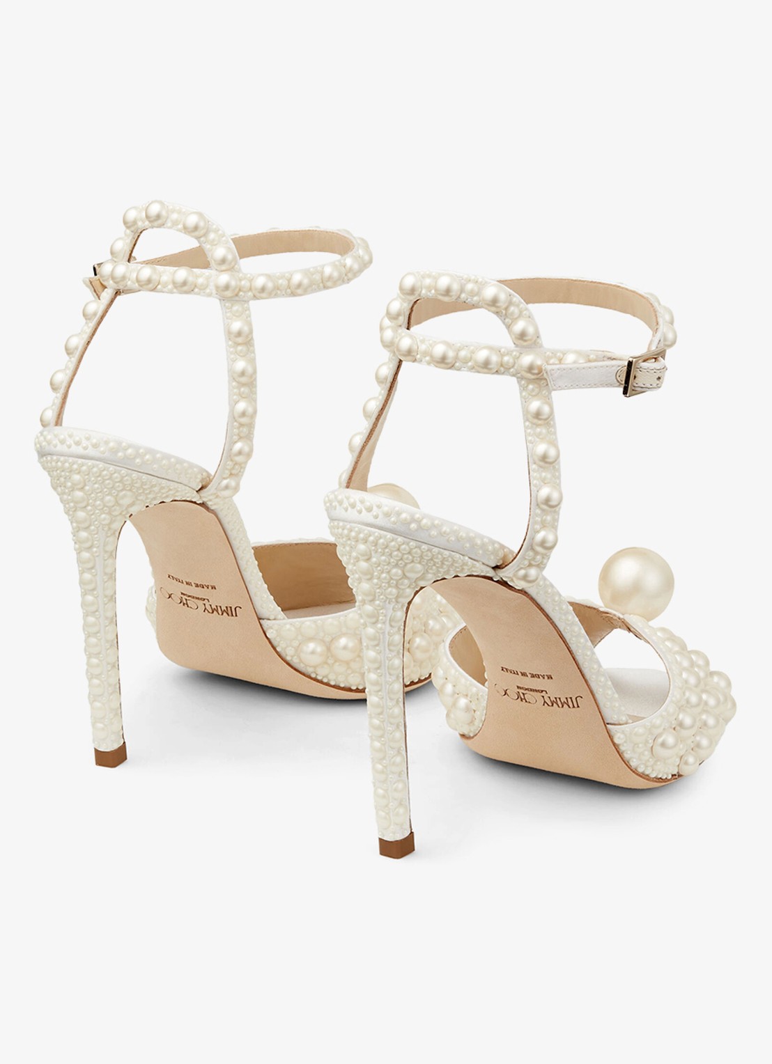 Jimmy Choo Sacora 100 sandalette van satijn met imitatieparels - achterkant 3 wit