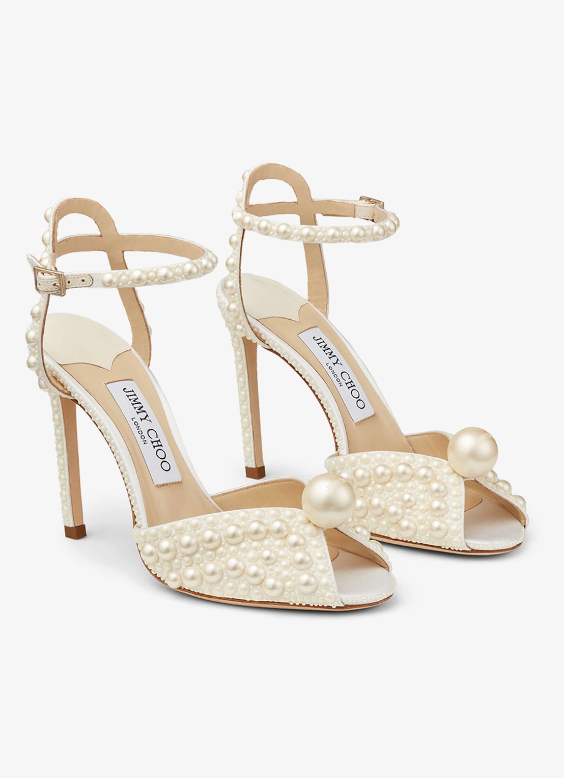 Jimmy Choo Sacora 100 sandalette van satijn met imitatieparels - voorkant 5 wit