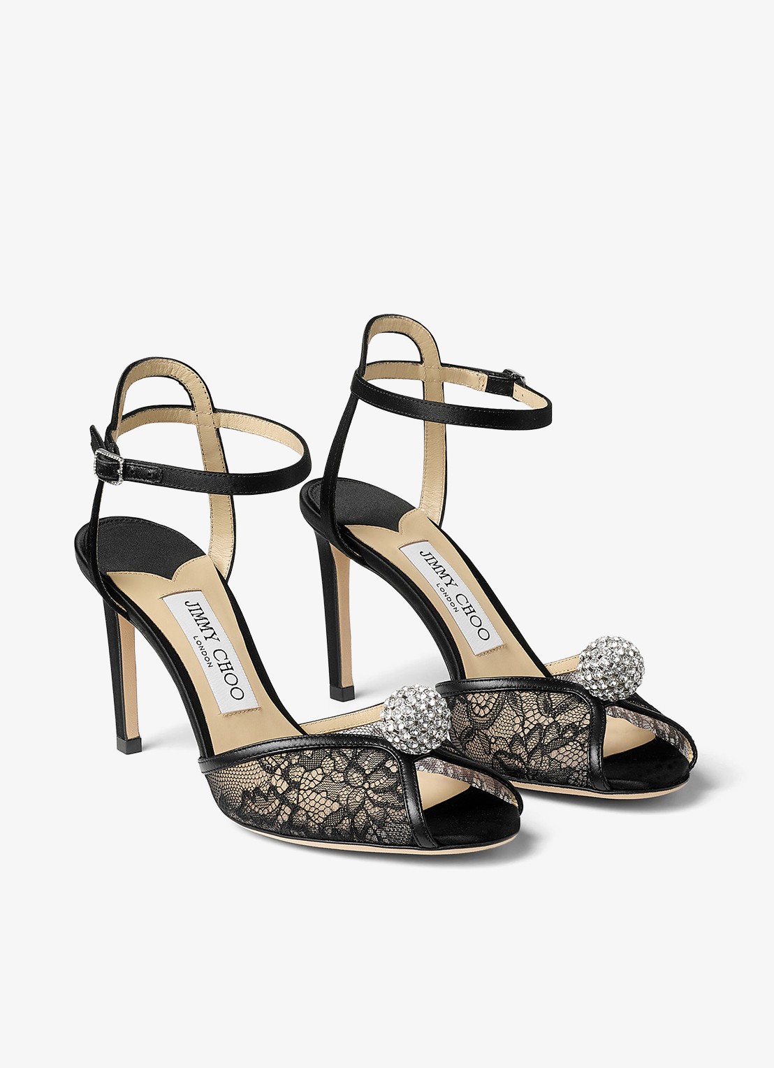 Jimmy Choo Sacora 85 sandalette van kant met leren details - voorkant 3 zwart