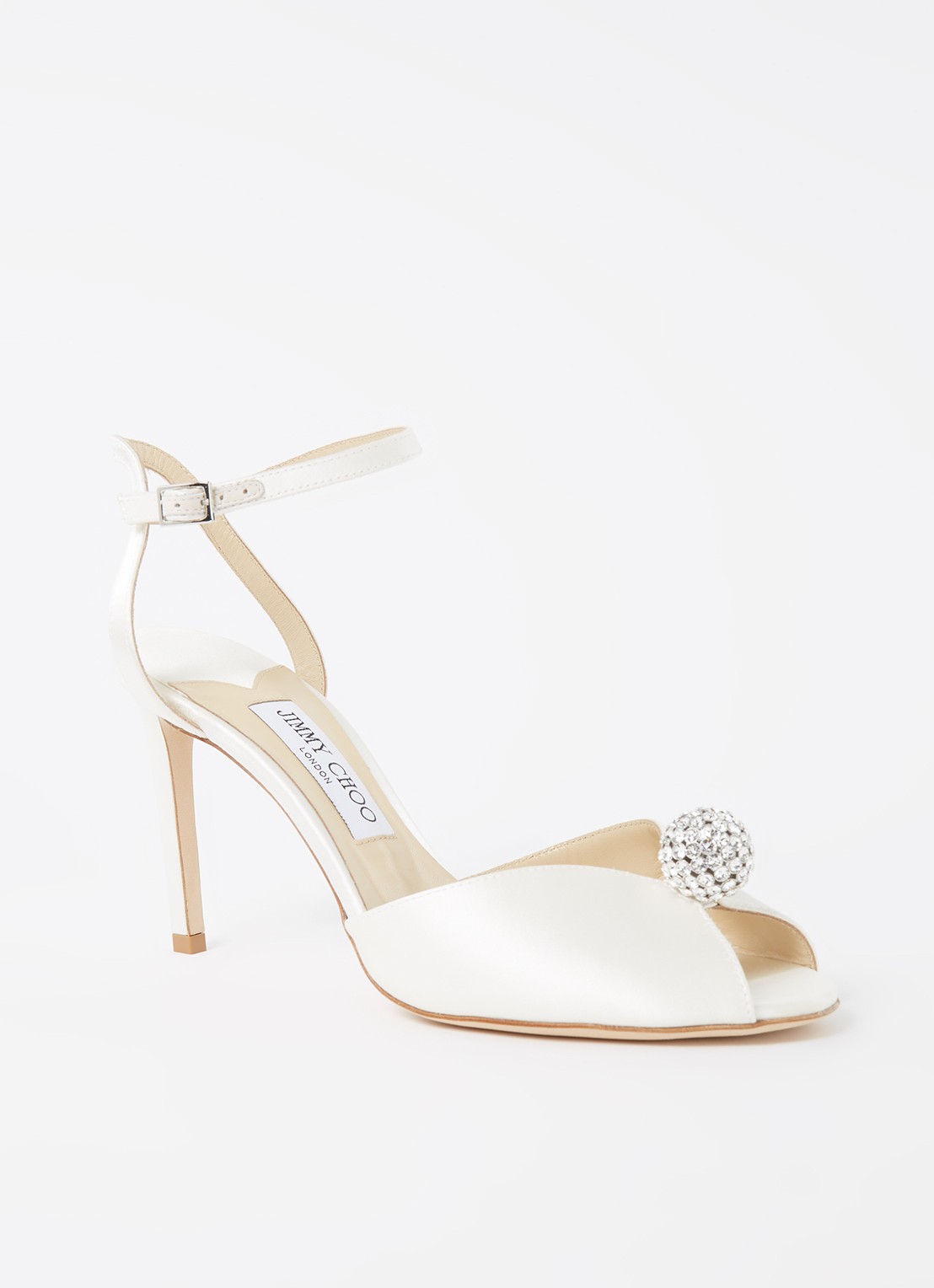 Jimmy Choo Sacora 85 sandalette van satijn met strass - voorkant ivoor