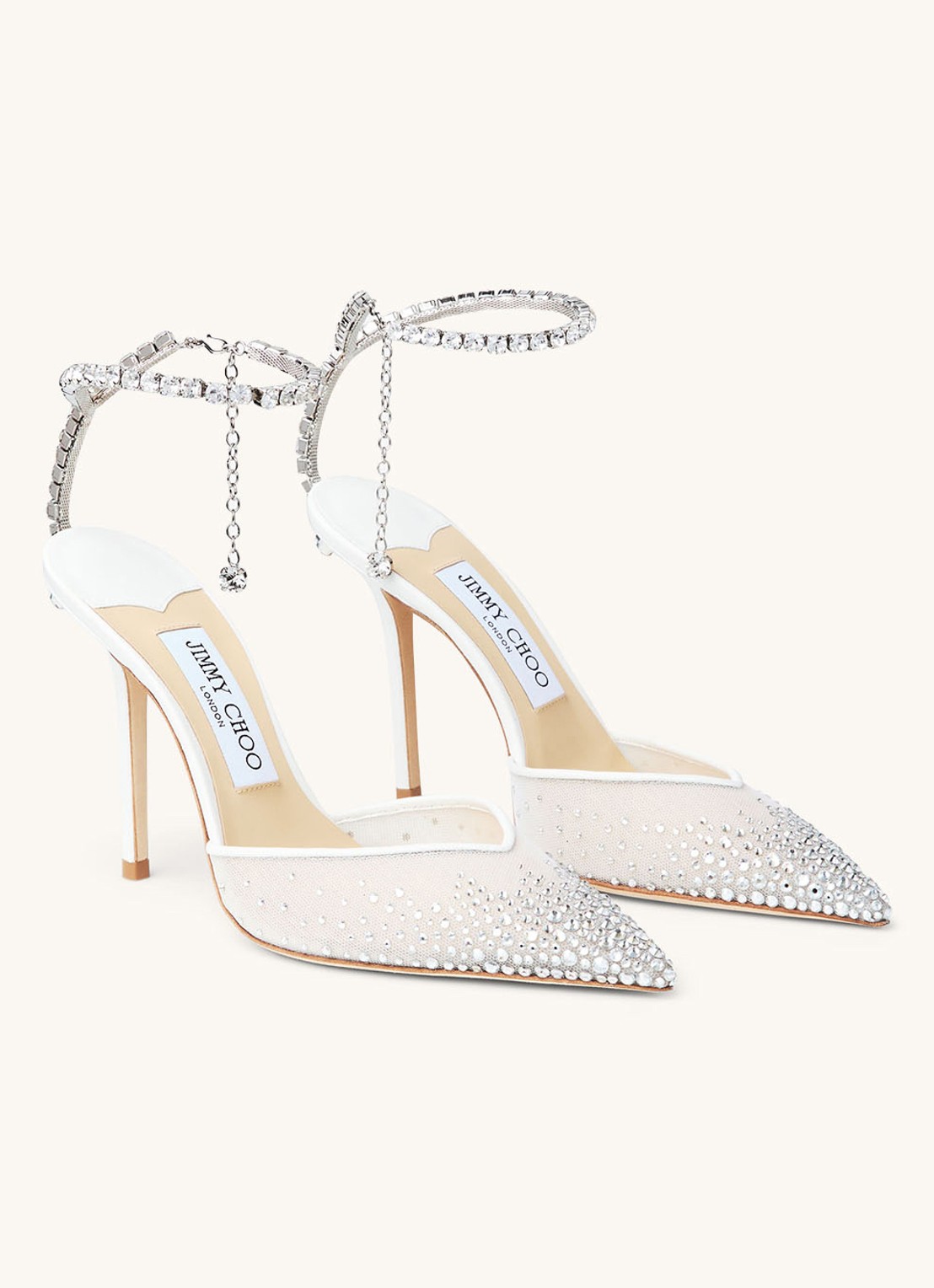 Jimmy Choo Saeda 100 sandalette met lamsleren details en kristal - voorkant 3 wit