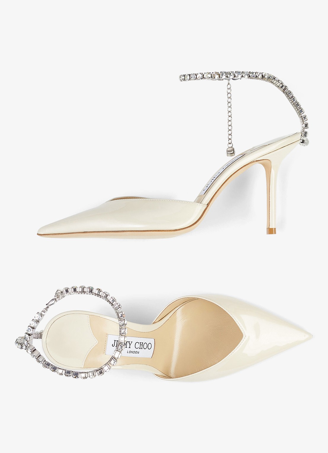 Jimmy Choo Saeda 85 pump van lakleer met kristal - detail 4 gebroken wit
