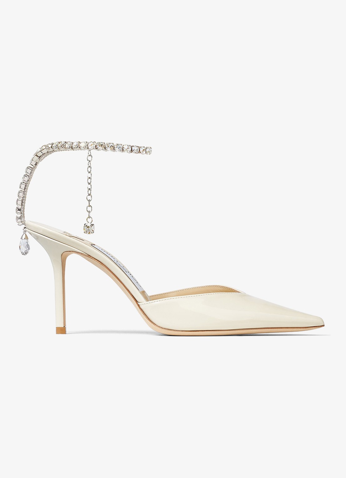Jimmy Choo Saeda 85 pump van lakleer met kristal - voorkant gebroken wit