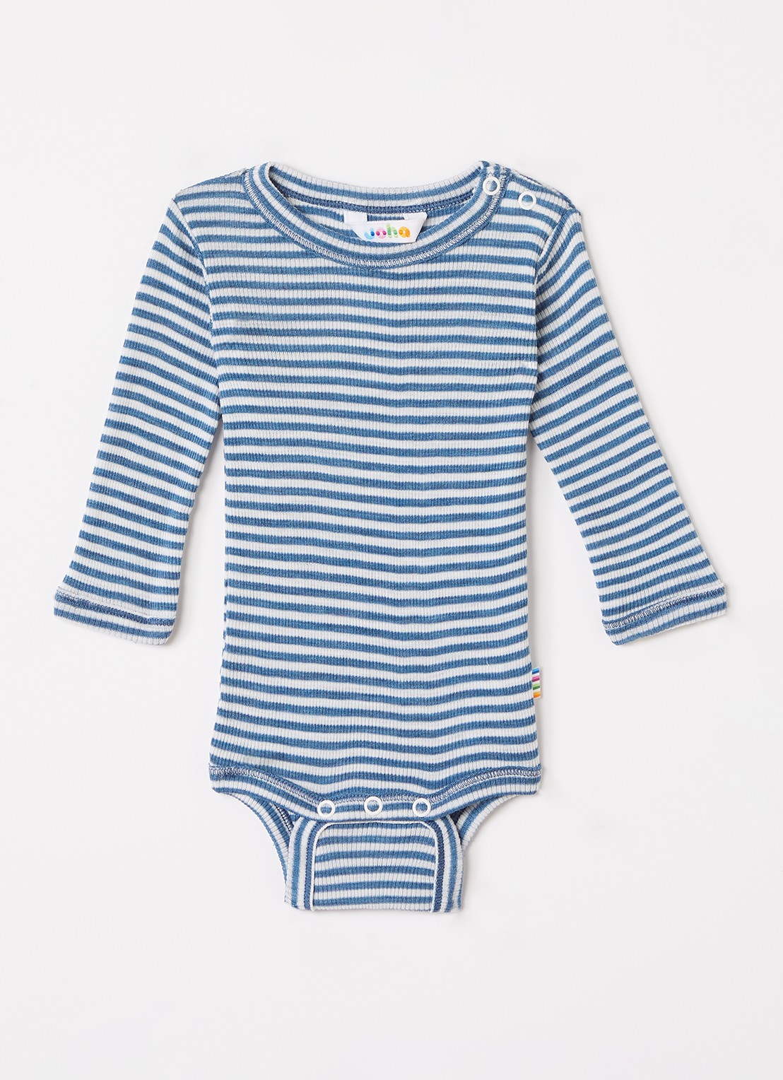 Joha Romper in zijdeblend met streepprint - voorkant staalblauw