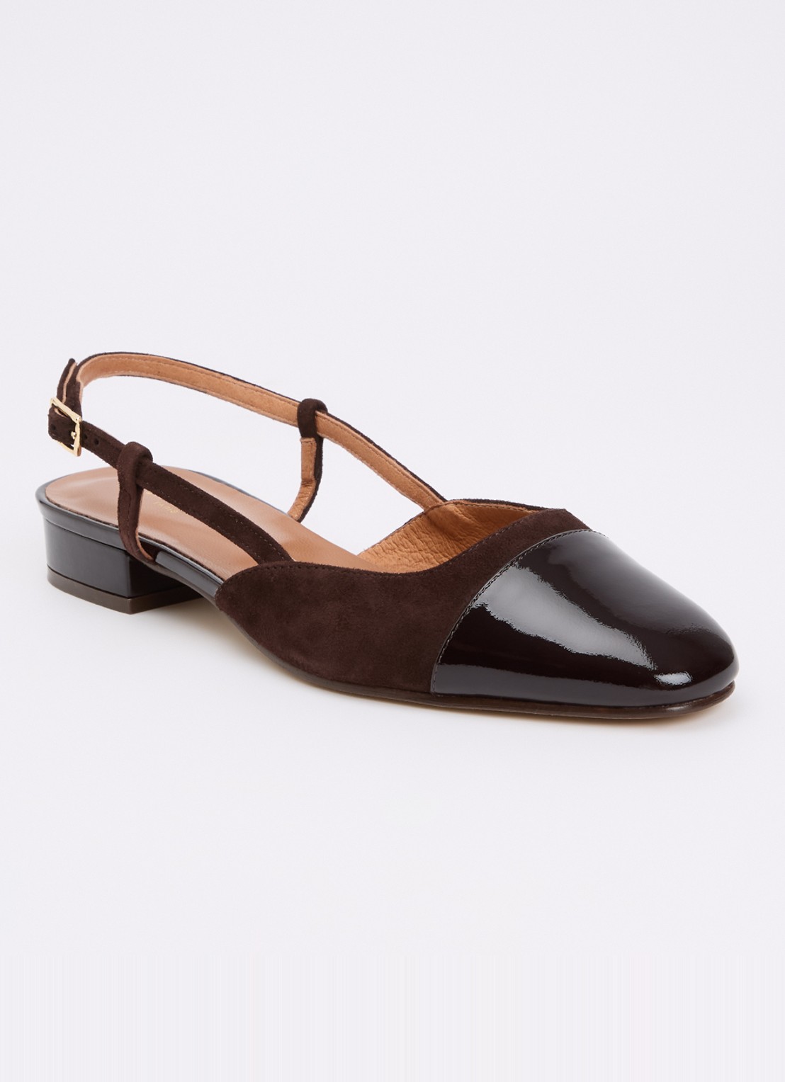 Jonak Dhapou slingback van kalfssuède met lakleren details - voorkant donkerbruin