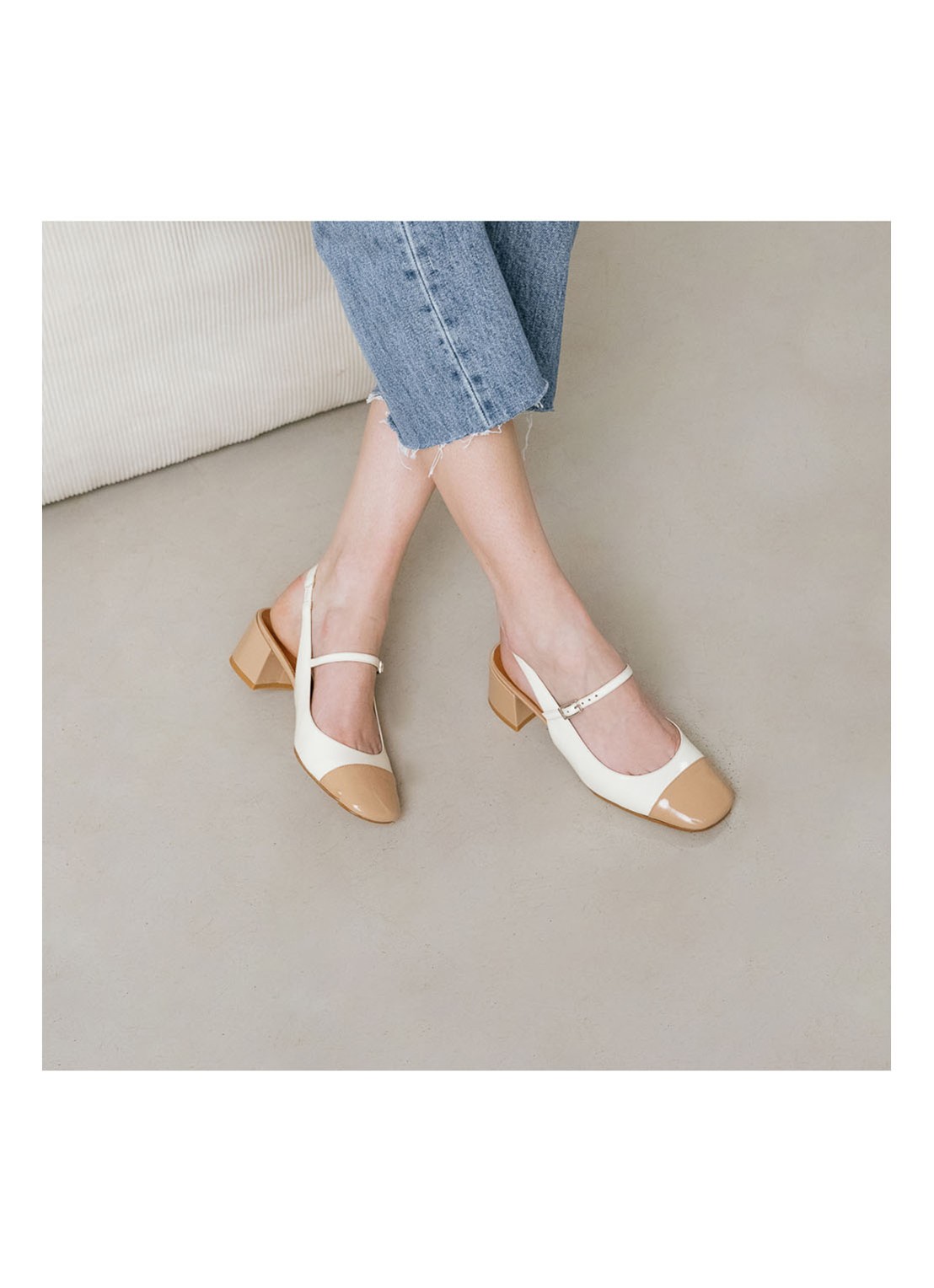 Jonak Doumy slingback met lakleren details - detail donkerbeige