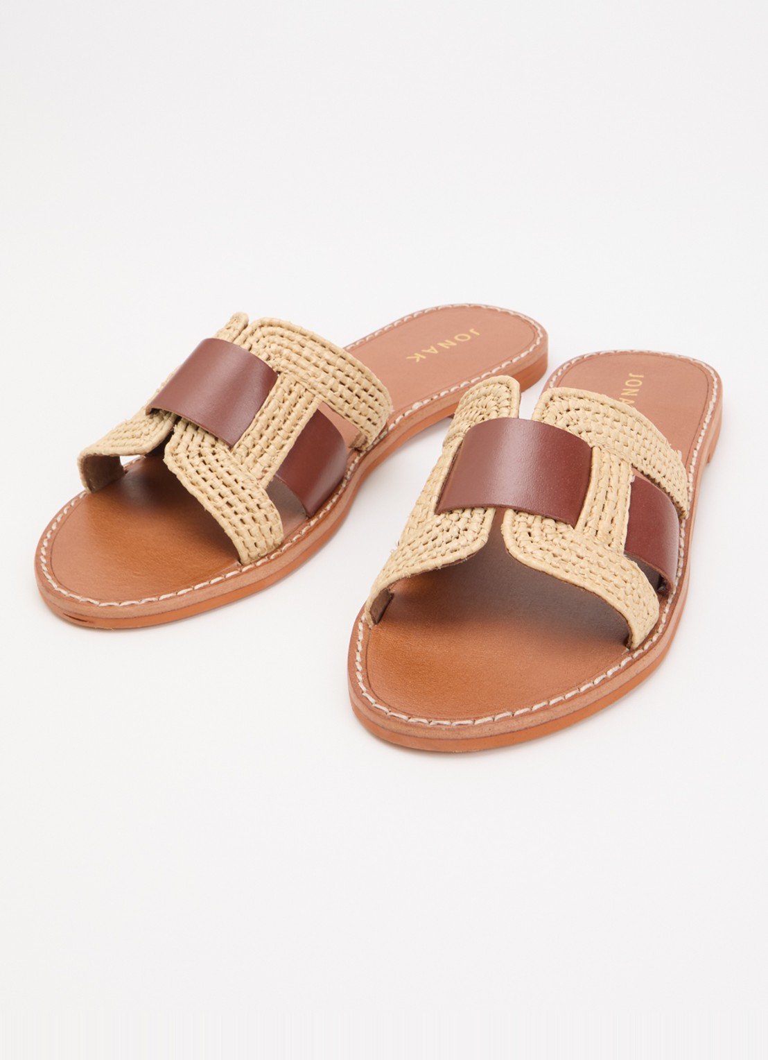 Jonak Wilou slipper van leer met raffia details - detail 3 camel