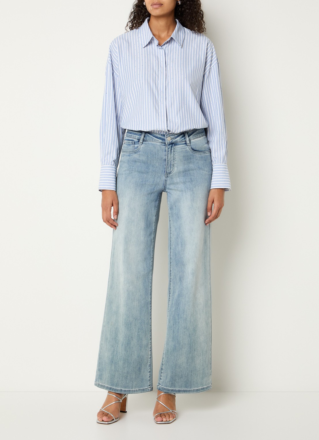 Joseph Ribkoff Blouse met streepprint en strass - voorkant 2 staalblauw