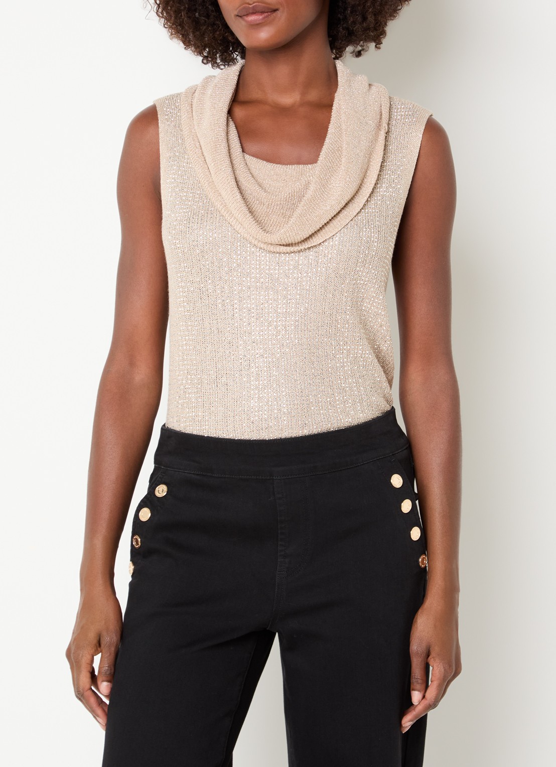 Joseph Ribkoff Grofgebreide top met strass en watervalhals - detail beige