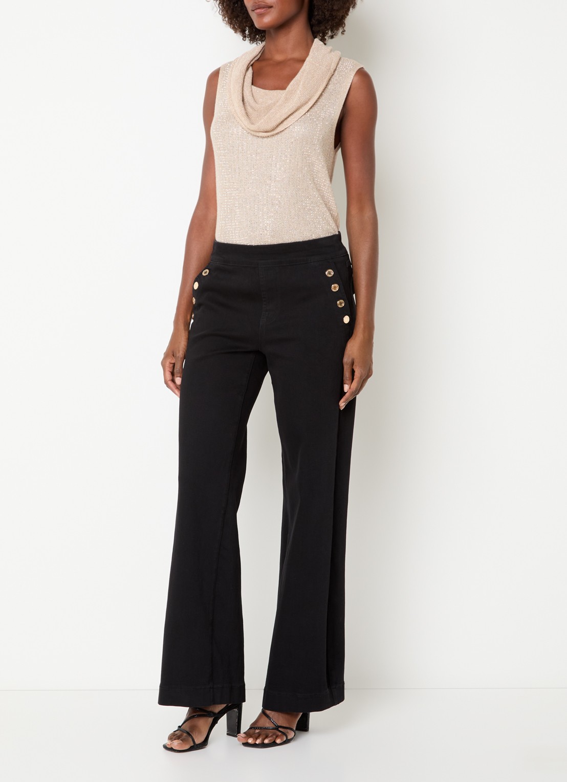 Joseph Ribkoff Grofgebreide top met strass en watervalhals - voorkant 3 beige