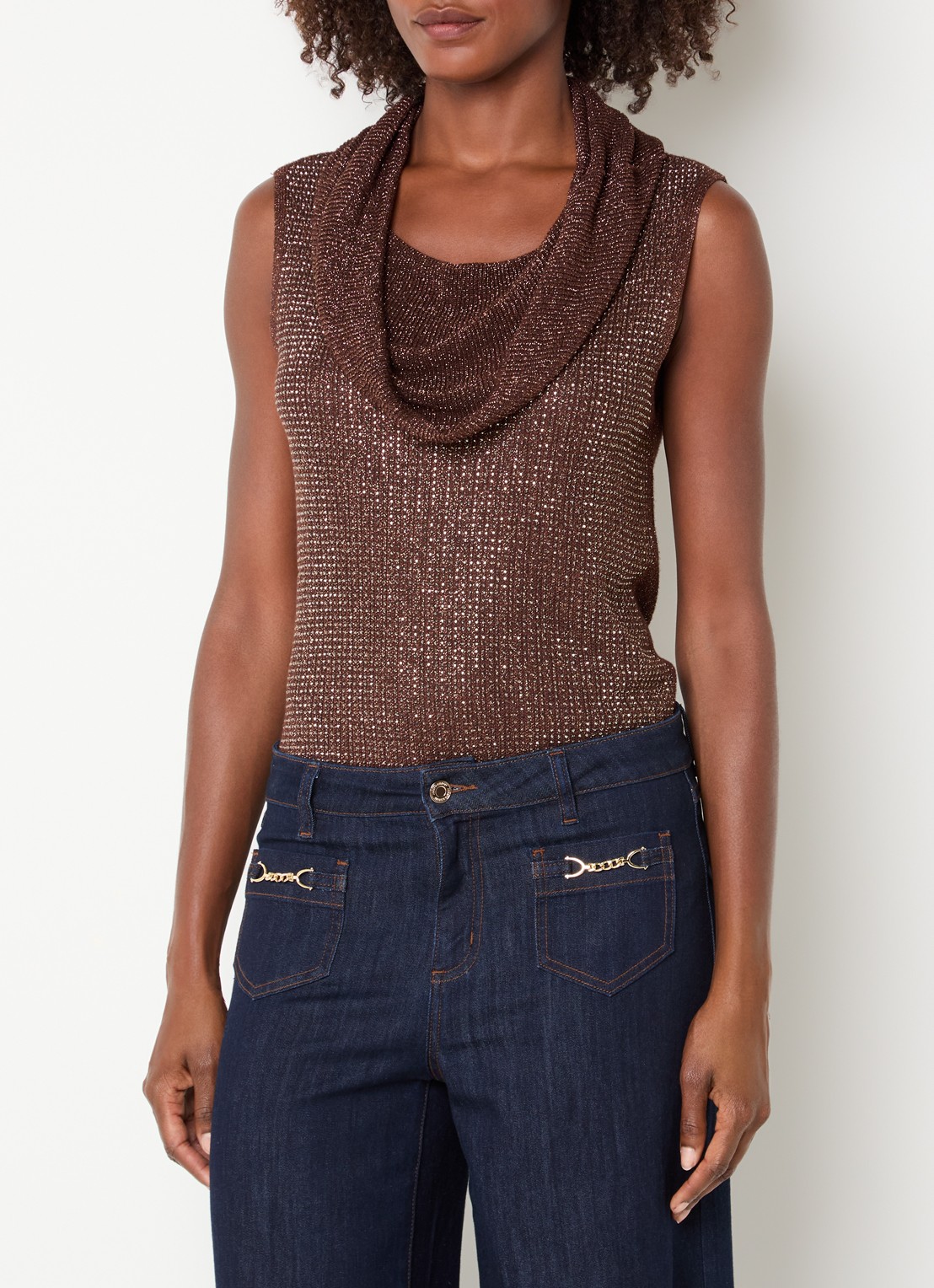 Joseph Ribkoff Grofgebreide top met strass en watervalhals - detail bruin
