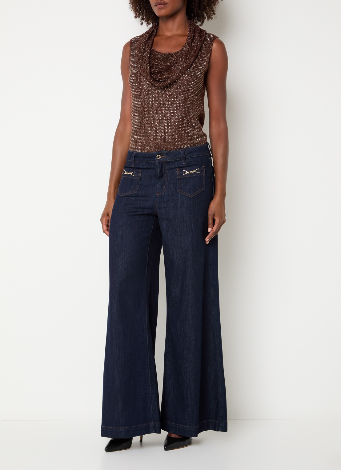 Joseph Ribkoff Grofgebreide top met strass en watervalhals - voorkant 4 bruin